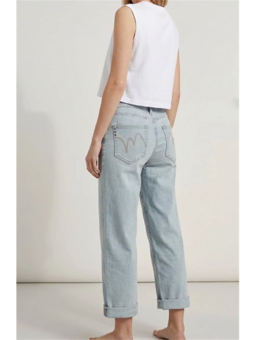 Pantalone Jeans Boyfriend Fit Denim Chiaro con Perle  Vita Media - Stile Casual Glam Met Met | M12 RENZA T1L934V.UNICA